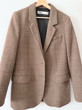 Zara Brown Tan Checked Tailored Blazer